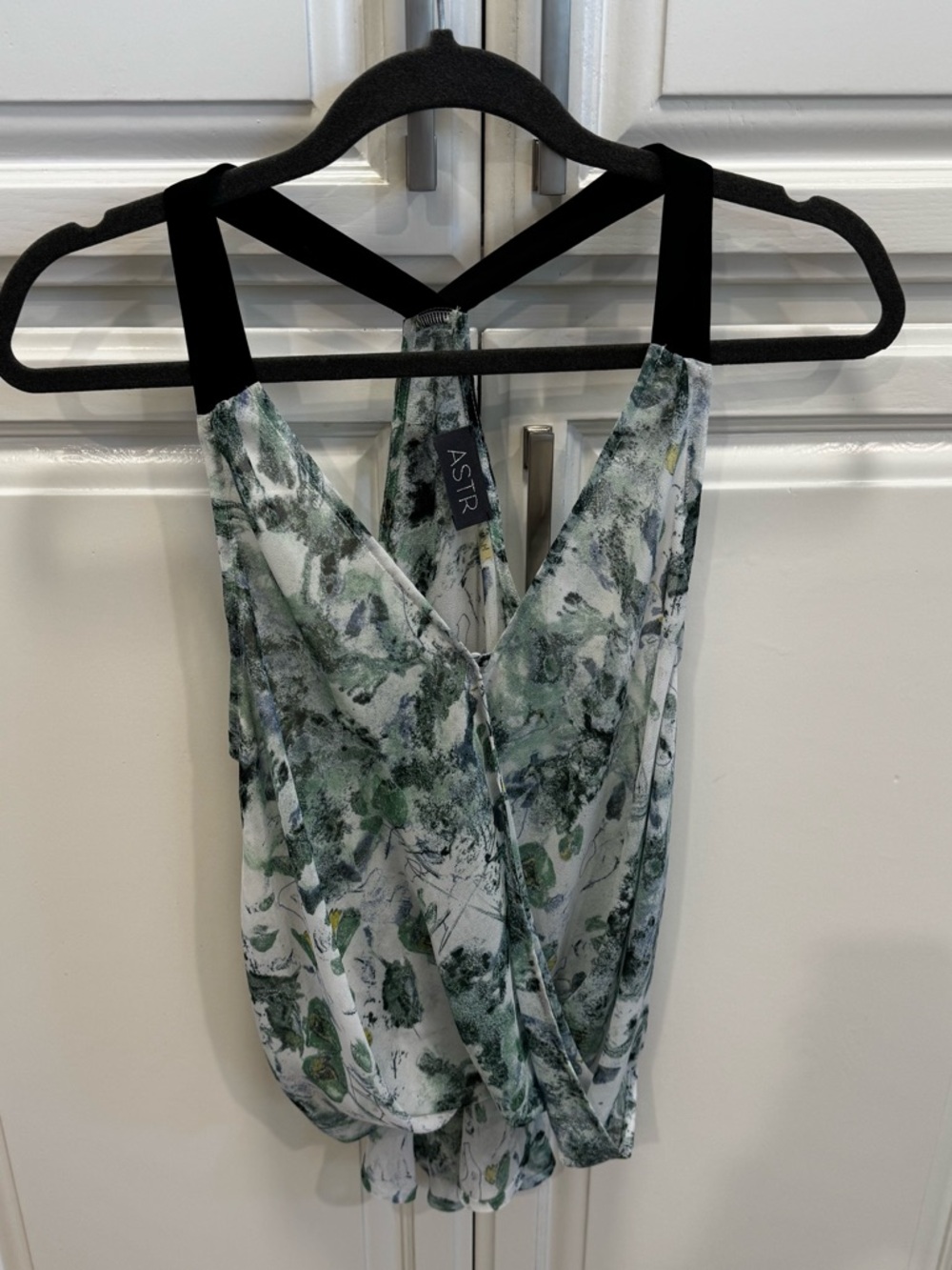 Astr Green and White Floral Surplice Cami with Black Straps